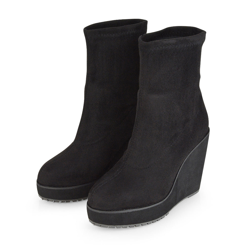 black wedge ankle boots, comfortable wedge boots women, fashion platform boots, fall ankle boots women, lightweight wedge boots, pull-on ankle boots women