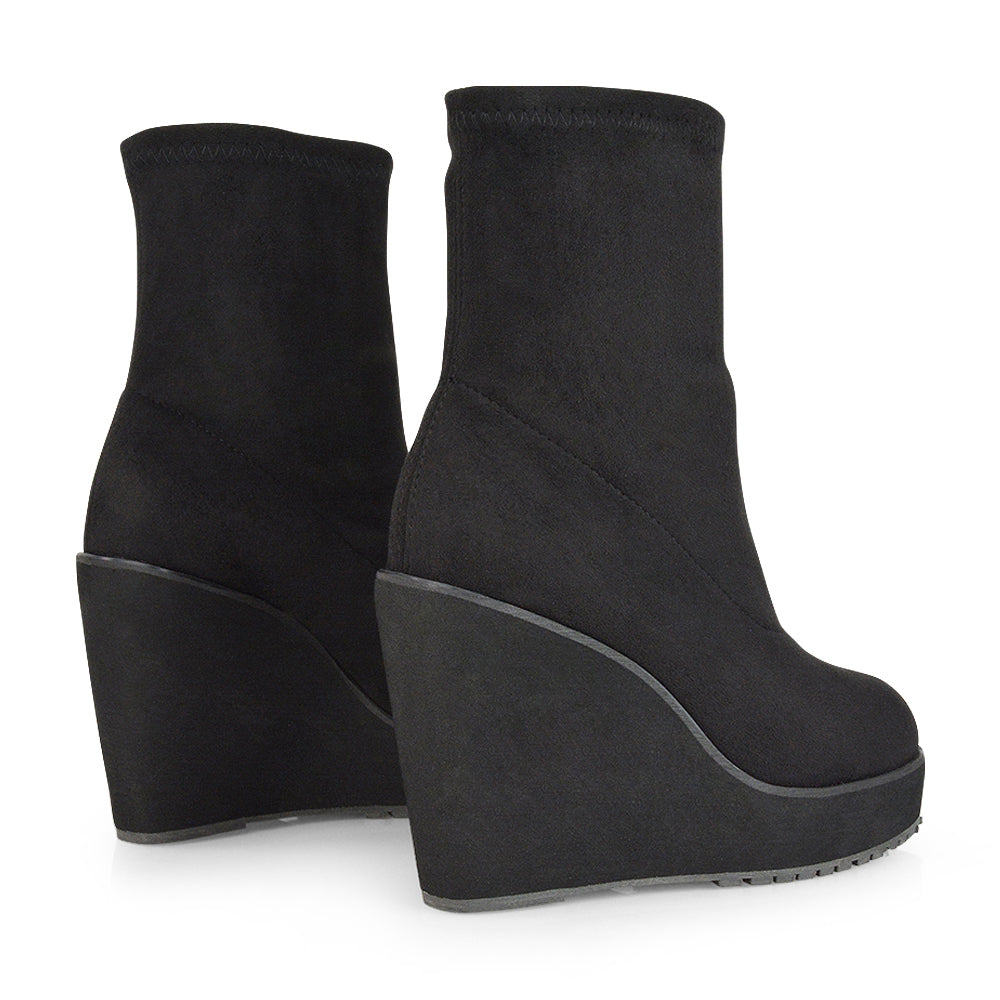 women’s platform boots, pull-on wedge ankle boots, sleek black ankle boots, winter wedge ankle boots