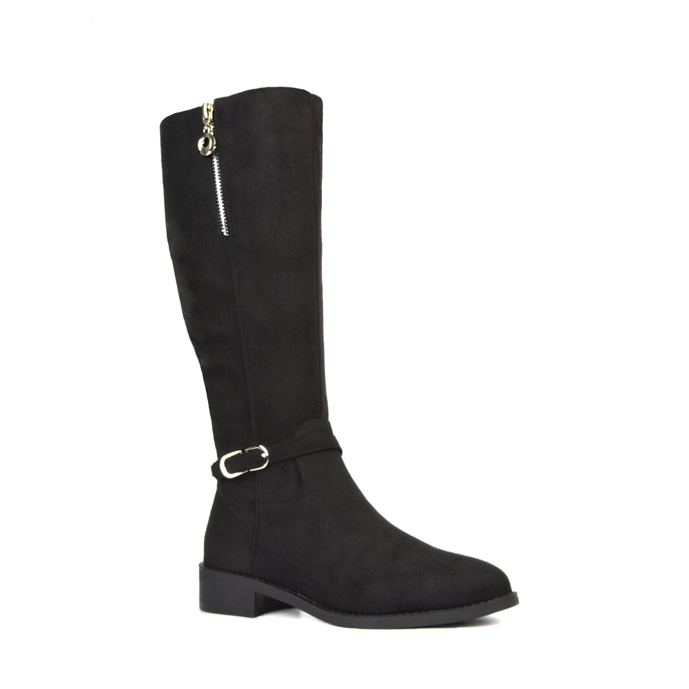 Black Faux Suede Zip Up Boots, Black Faux Suede Zip Up Knee High Boots, Long Boots, Winter Boots