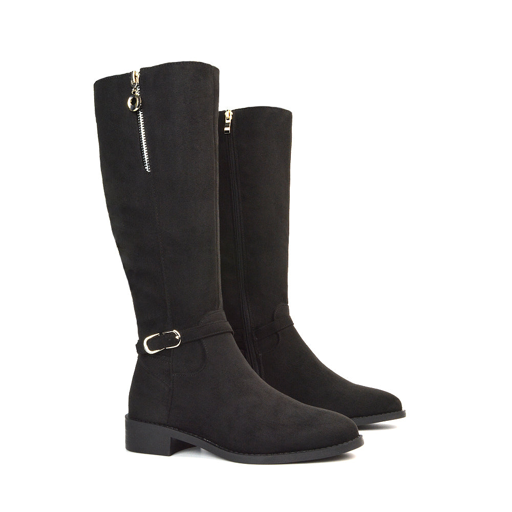 Black Faux Suede Boots, Black Faux Suede Knee High Boots, Black Faux Suede Long Boots, Black Faux Suede Flat Boots