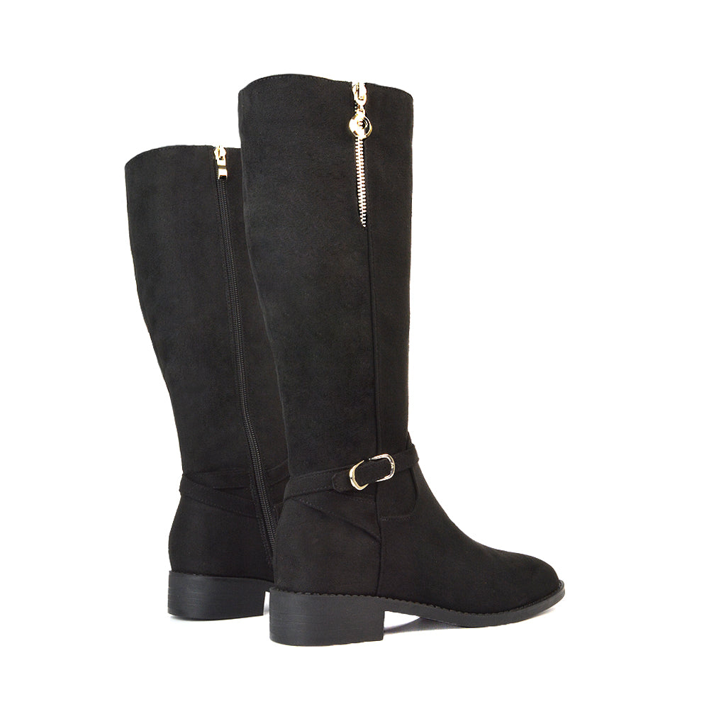 Black Faux Suede Winter Boots, Women's Black Faux Suede Boots, Black Faux Suede Flat Knee High Boots, Black Faux Suede Festival Boots