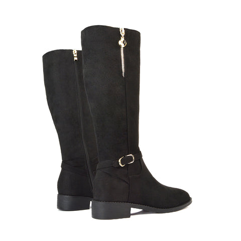 Black Faux Suede Winter Boots, Women's Black Faux Suede Boots, Black Faux Suede Flat Knee High Boots, Black Faux Suede Festival Boots
