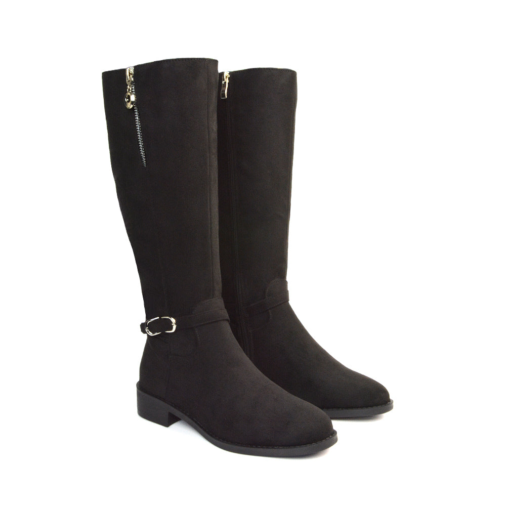 Women's Black Faux Suede Knee High Boots, Women's Black Faux Suede Knee High Boots Flat, Knee High Boots, Flat Knee High Boots