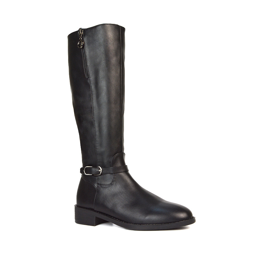 Black Synthetic Leather Winter Boots, Women's Black Synthetic Leather Boots, Black Synthetic Leather Flat Knee High Boots, Black Synthetic Leather Festival Boots