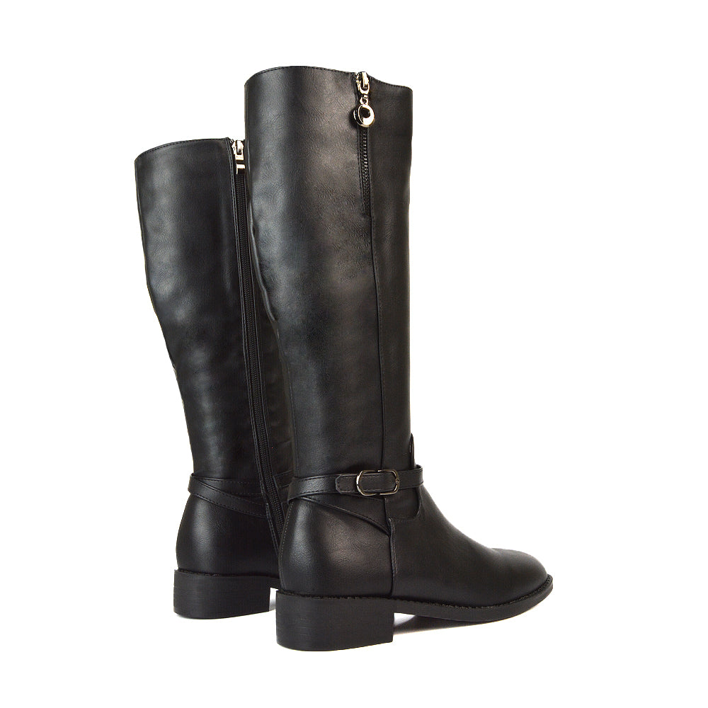 Black Synthetic Leather Zip Up Boots, Black Synthetic Leather Zip Up Knee High Boots, Long Boots, Winter Boots