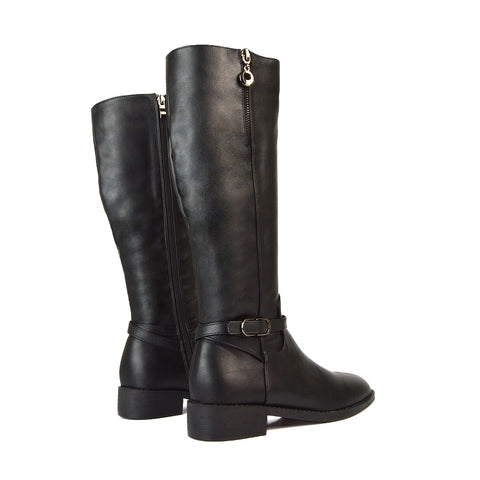 Black Synthetic Leather Zip Up Boots, Black Synthetic Leather Zip Up Knee High Boots, Long Boots, Winter Boots