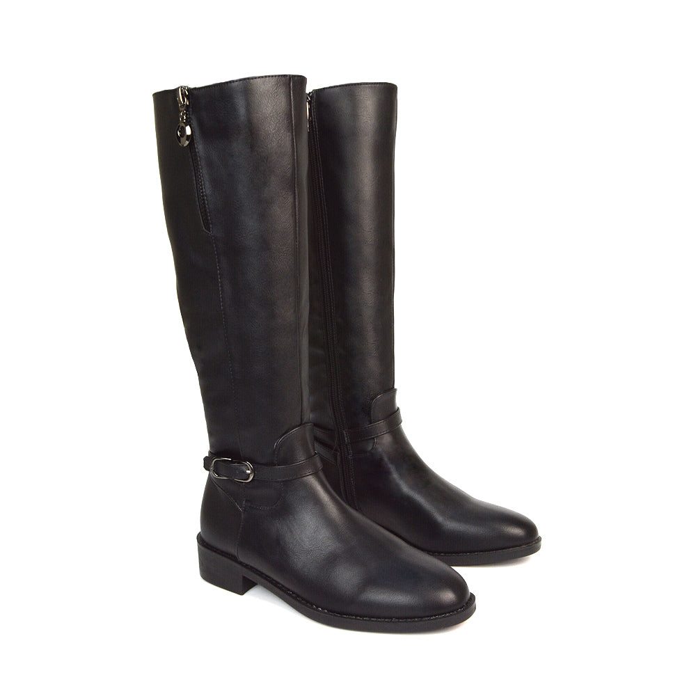 Women's Black Synthetic Leather Knee High Boots, Women's Black Synthetic Leather Knee High Boots Flat, Knee High Boots, Flat Knee High Boots