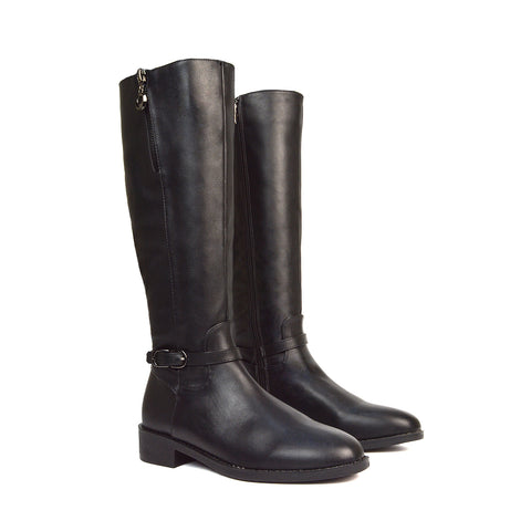 Black Synthetic Leather Boots, Black Synthetic Leather Knee High Boots, Black Synthetic Leather Long Boots, Black Synthetic Leather Flat Boots