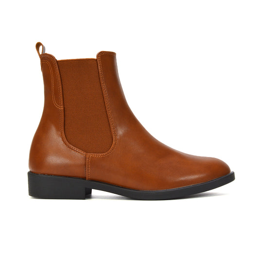 tan ankle boots, tan flat boots, Low heel Chelsea boots, Round toe ankle boots women