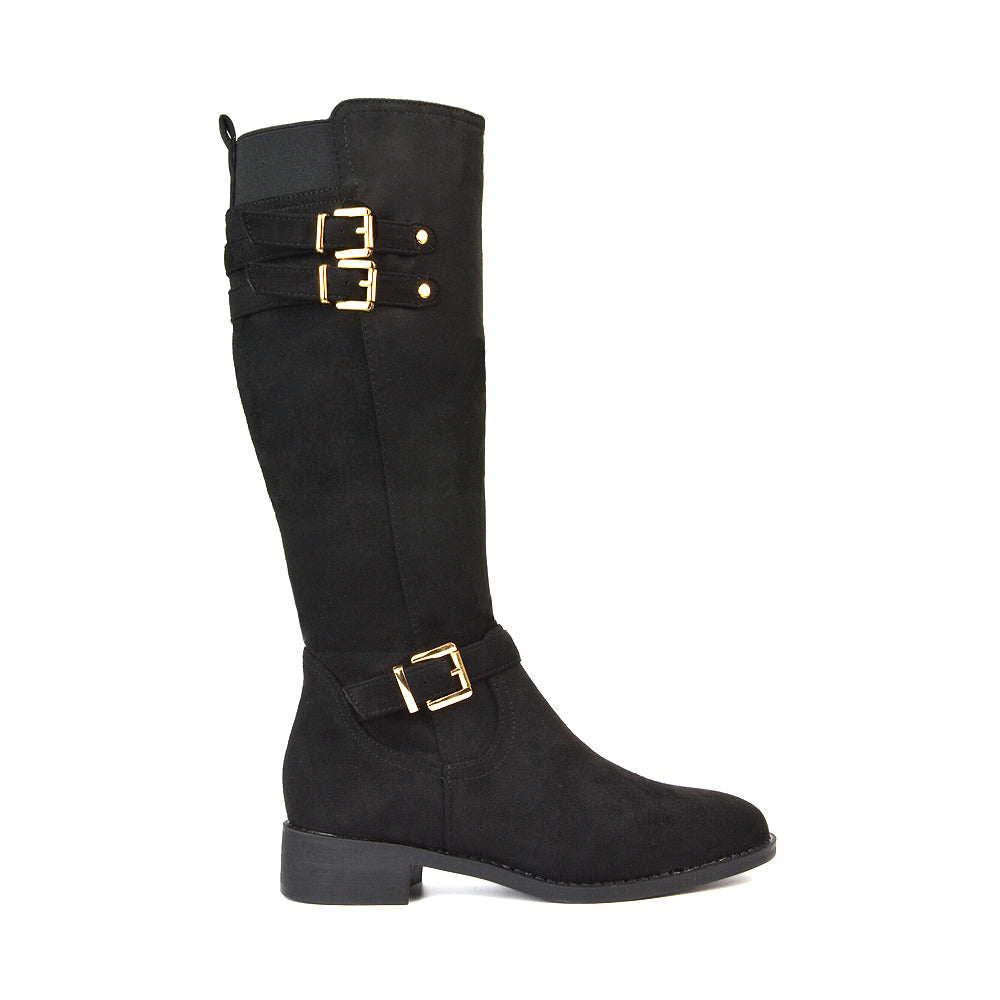 Black Faux Suede Winter Boots, Women's Black Faux Suede Boots, Black Faux Suede Flat Knee High Boots, Black Faux Suede Festival Boots