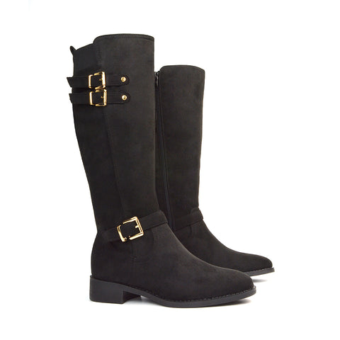 Women's Black Faux Suede Knee High Boots, Women's Black Faux Suede Knee High Boots Flat, Knee High Boots, Flat Knee High Boots