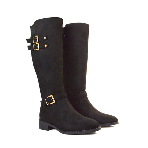 Black Faux Suede Zip Up Boots, Black Faux Suede Zip Up Knee High Boots, Long Boots, Winter Boots