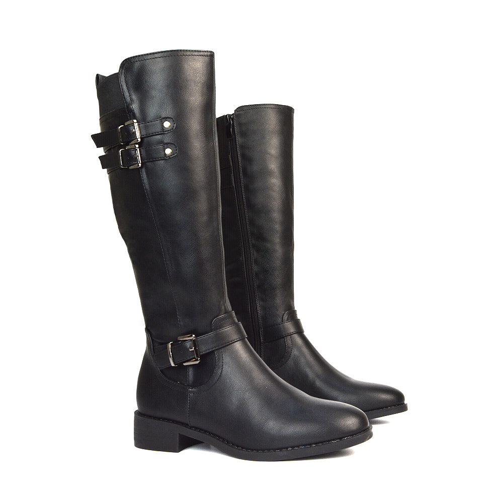 Black Synthetic Leather Boots, Black Synthetic Leather Knee High Boots, Black Synthetic Leather Long Boots, Black Synthetic Leather Flat Boots