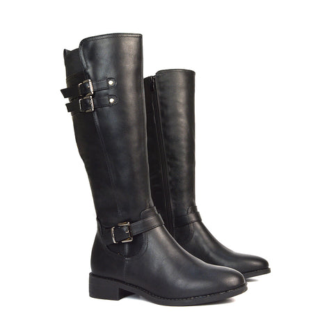 Black Synthetic Leather Boots, Black Synthetic Leather Knee High Boots, Black Synthetic Leather Long Boots, Black Synthetic Leather Flat Boots