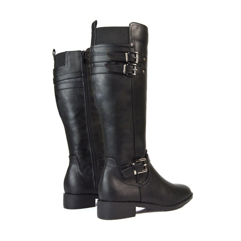 Women's Black Synthetic Leather Knee High Boots, Women's Black Synthetic Leather Knee High Boots Flat, Knee High Boots, Flat Knee High Boots