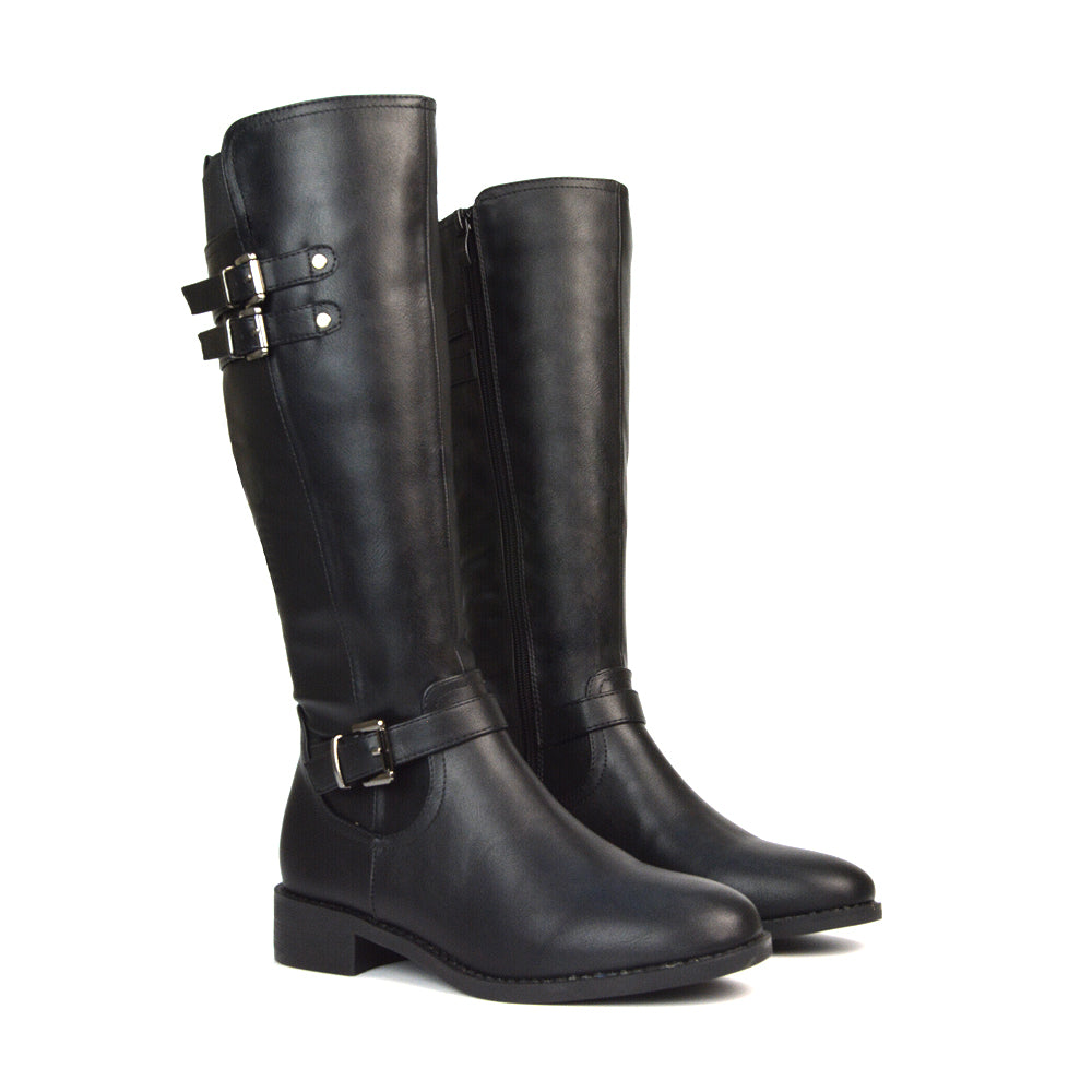 Black Synthetic Leather Winter Boots, Women's Black Synthetic Leather Boots, Black Synthetic Leather Flat Knee High Boots, Black Synthetic Leather Festival Boots