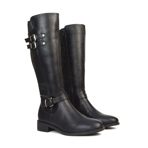 Black Synthetic Leather Winter Boots, Women's Black Synthetic Leather Boots, Black Synthetic Leather Flat Knee High Boots, Black Synthetic Leather Festival Boots