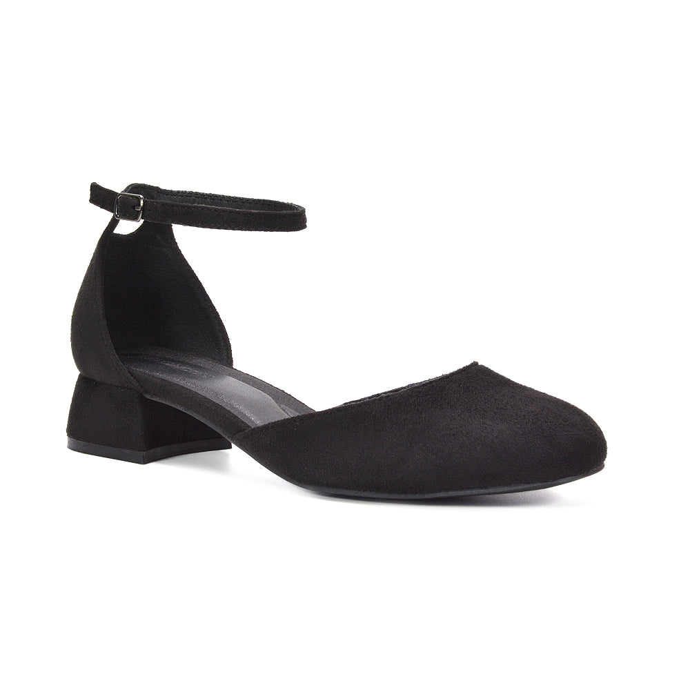 affordable black block heel court shoes, black evening court shoes, black low heel shoes for all day wear, black ankle strap block heel court shoes