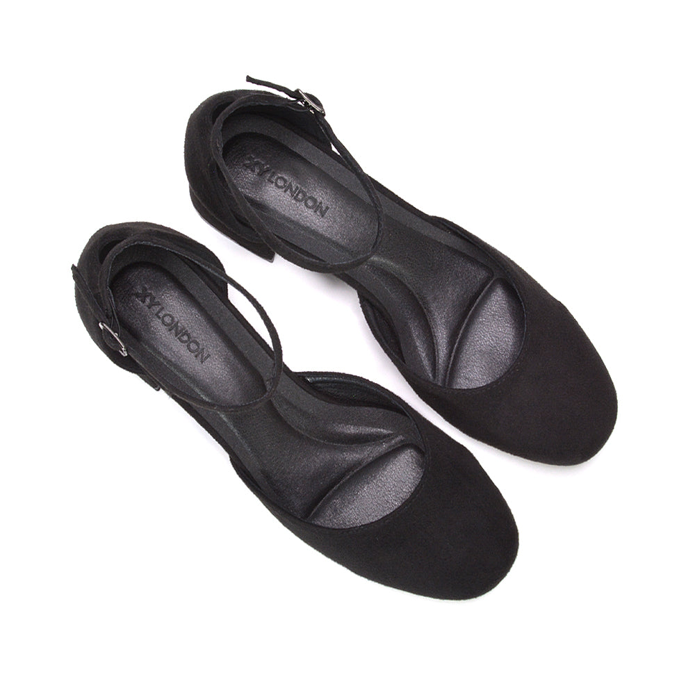 classic black court shoes with ankle strap, black graduation heels, secure ankle strap black heels, black block heel office shoes