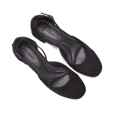 classic black court shoes with ankle strap, black graduation heels, secure ankle strap black heels, black block heel office shoes