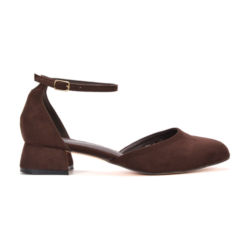 brown low block heel ankle strap court shoes, comfortable brown low heel dress shoes, brown wedding guest shoes, buy brown block heel court shoes