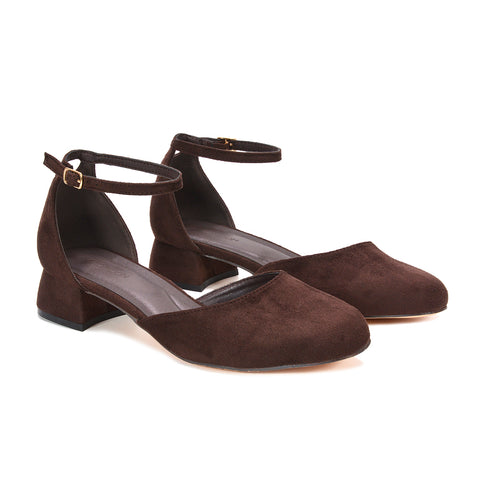 chocolate brown low heel court shoes, cushioned brown court shoes for work, brown business dress shoes, brown shoes for neutral outfits, affordable brown ankle strap heels