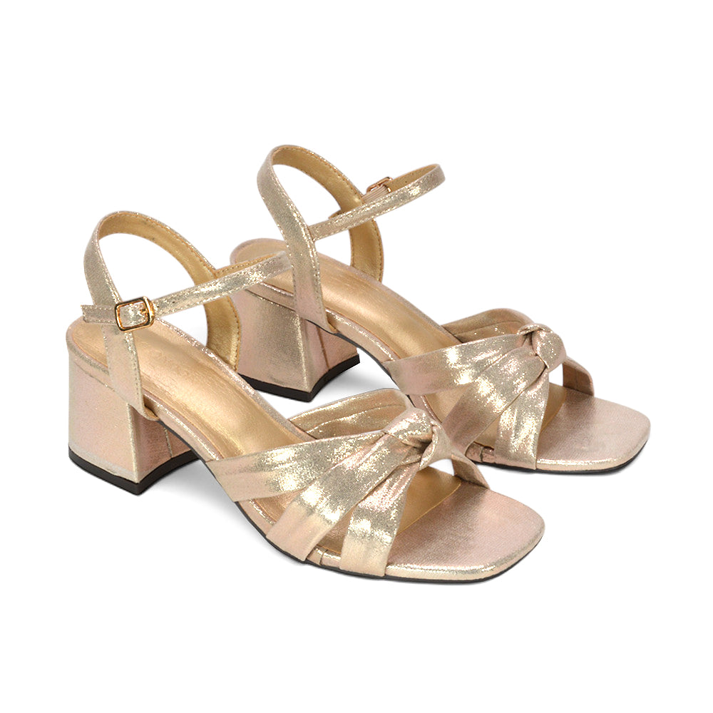 gold strappy block heel sandals, stylish gold block heel sandals for bridesmaid or wedding guest, affordable gold party sandals women