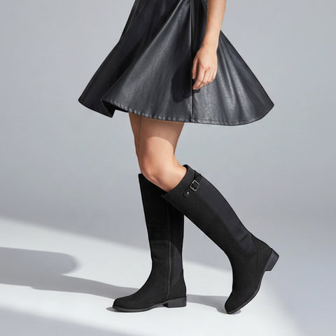 black knee high boots flat suede