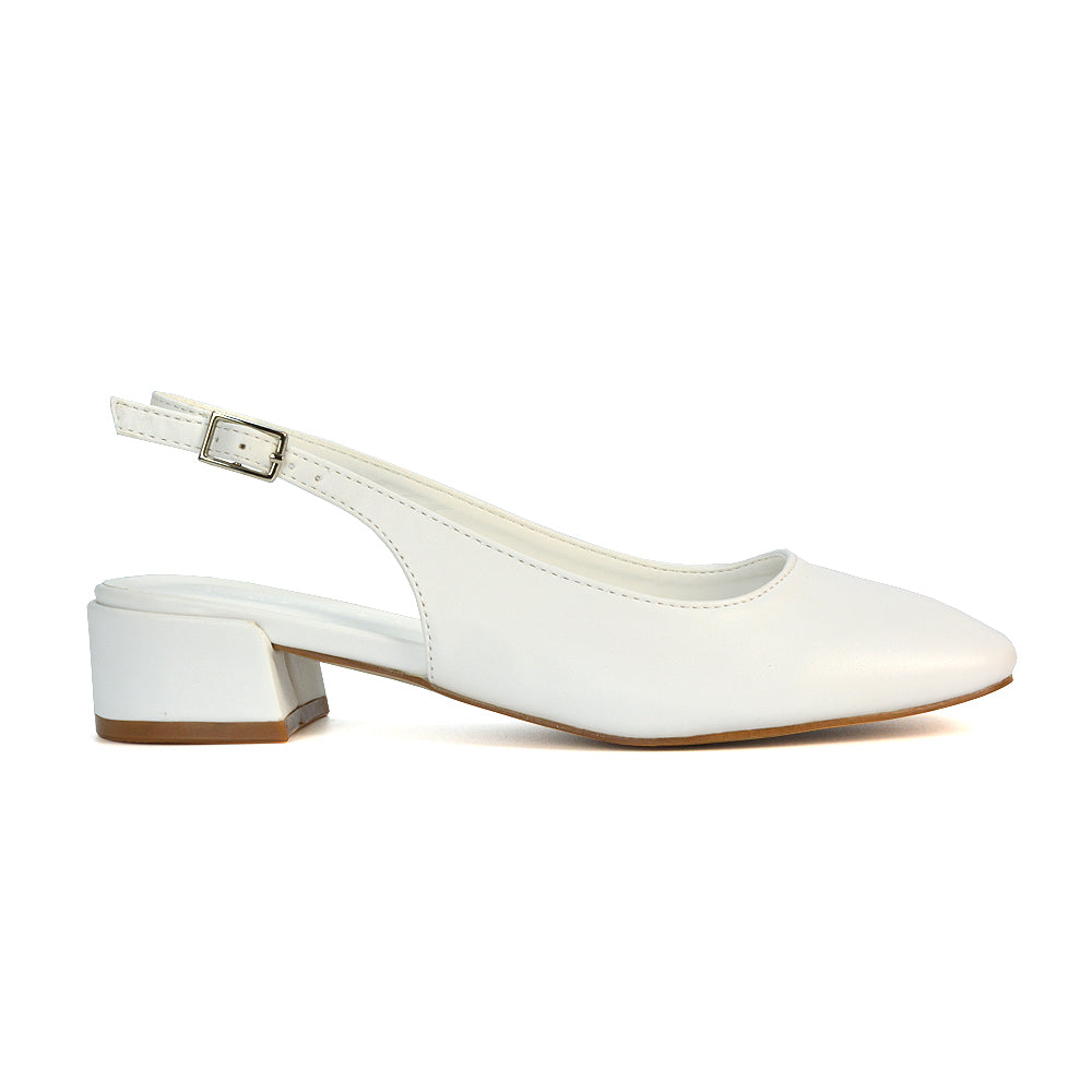 white slingback low block heel court shoes- perfect for elevating your everyday wardrobe, summer, parties, casual and evenings