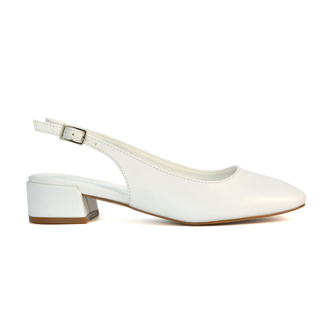 white slingback low block heel court shoes- perfect for elevating your everyday wardrobe, summer, parties, casual and evenings