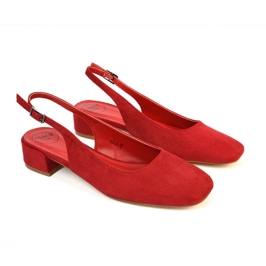red block heels, red heels, block heels, heels, Women’s slingback low block heel shoes, Slingback shoes with square toe and block heel