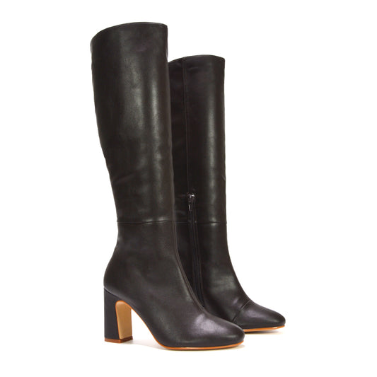 Brown knee high boots, Brown heeled boots, Brown synthetic leather boots