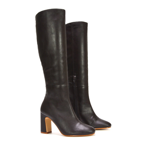 Brown knee high boots, Brown heeled boots, Brown synthetic leather boots