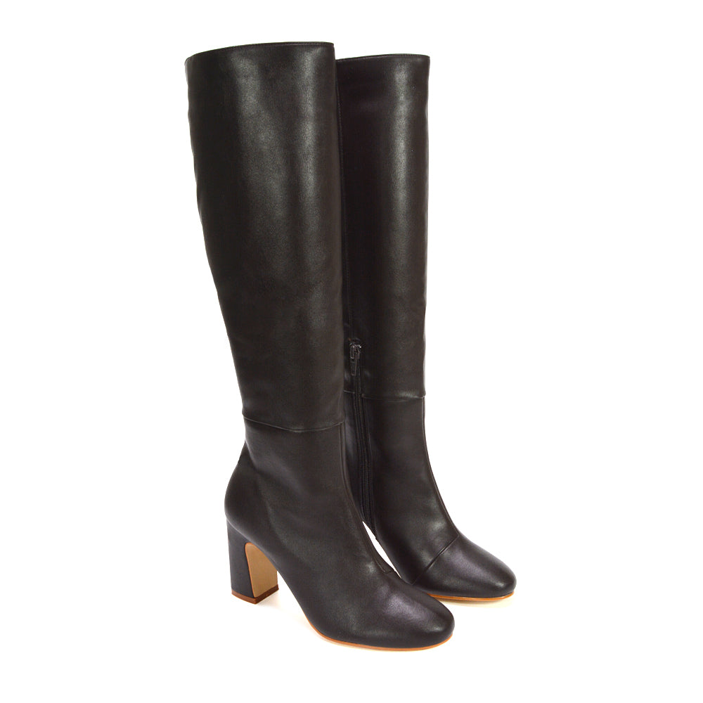 Comfortable brown knee high boots for everyday wear, Zippered brown tall boots for women, Brown block heel boots