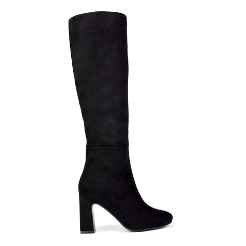 Black Synthetic Leather | XY London | black boots,black knee high boots,black heeled boots,black high heel knee high boots,black block heeled boots