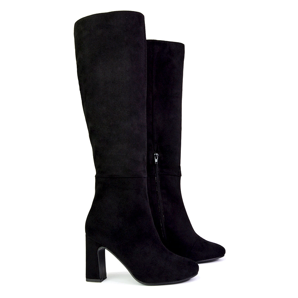Black Faux Suede | XY London | black boots,black knee high boots,black heeled boots,black high heel knee high boots,black block heeled boots