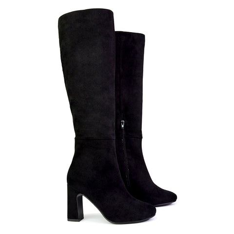 Black Faux Suede | XY London | black boots,black knee high boots,black heeled boots,black high heel knee high boots,black block heeled boots