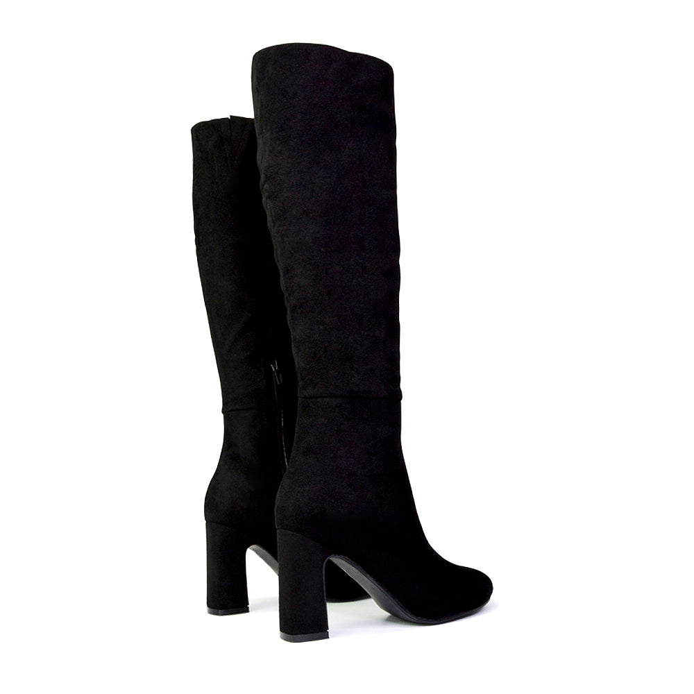 Black Faux Suede | XY London | black boots,black knee high boots,black heeled boots,black high heel knee high boots,black block heeled boots