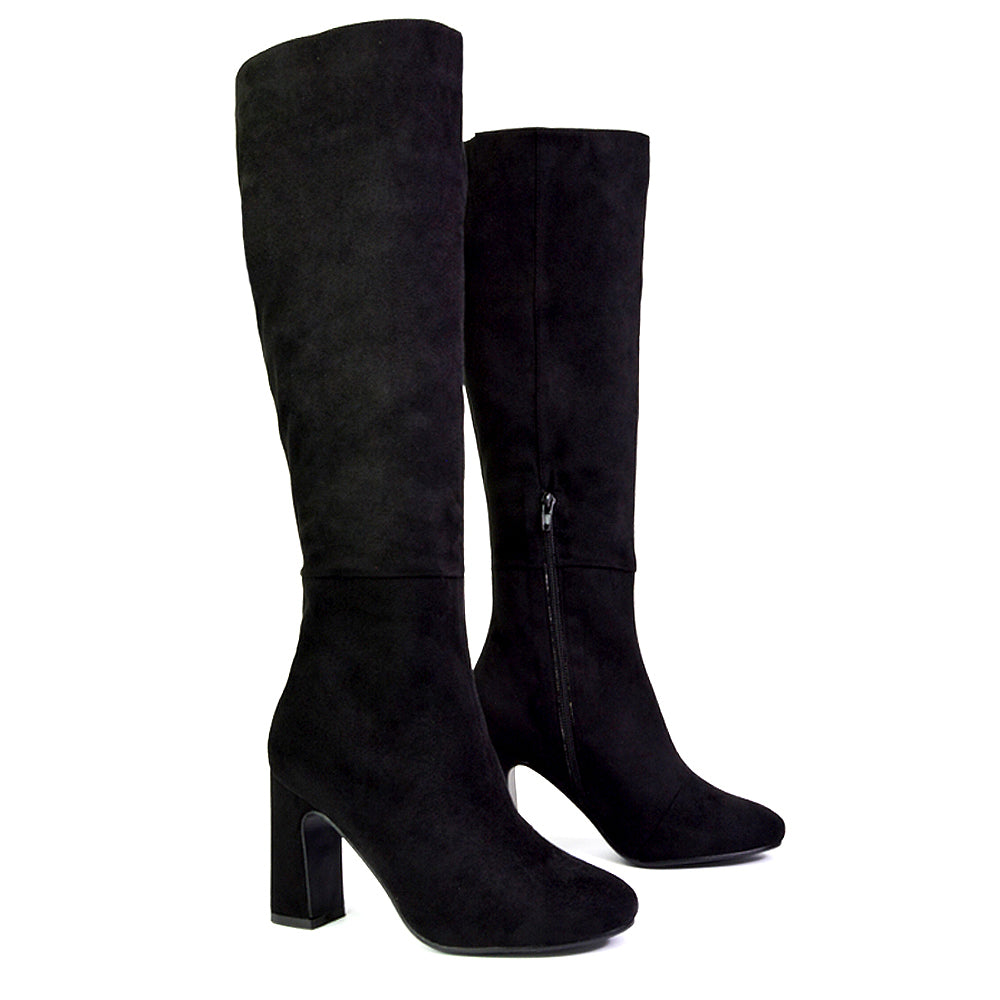 Black Faux Suede | XY London | black boots,black knee high boots,black heeled boots,black high heel knee high boots,black block heeled boots