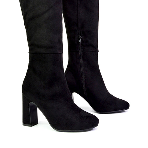 Black Faux Suede | XY London | black boots,black knee high boots,black heeled boots,black high heel knee high boots,black block heeled boots