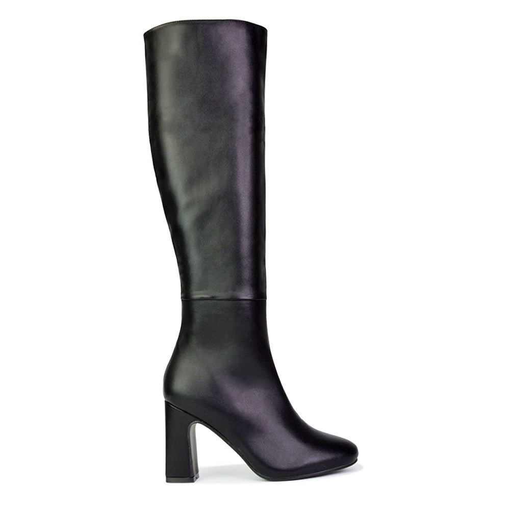 Black Synthetic Leather | XY London | black boots,black knee high boots,black heeled boots,black high heel knee high boots,black block heeled boots