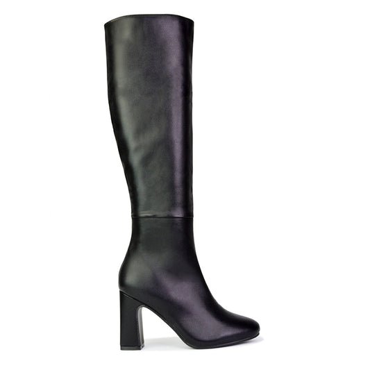 Black Synthetic Leather | XY London | black boots,black knee high boots,black heeled boots,black high heel knee high boots,black block heeled boots