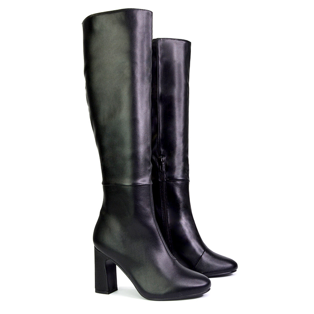 Black Synthetic Leather | XY London | black boots,black knee high boots,black heeled boots,black high heel knee high boots,black block heeled boots