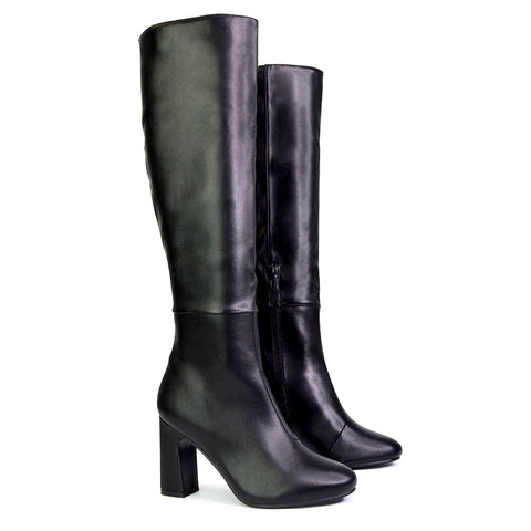Black Synthetic Leather | XY London | black boots,black knee high boots,black heeled boots,black high heel knee high boots,black block heeled boots