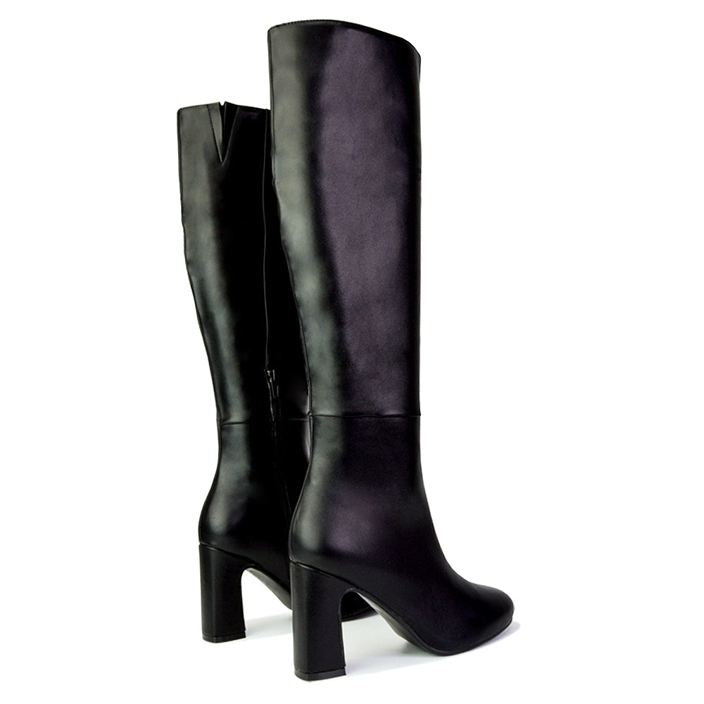 Black Synthetic Leather | XY London | black boots,black knee high boots,black heeled boots,black high heel knee high boots,black block heeled boots