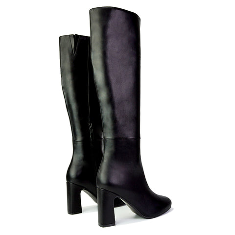Black Synthetic Leather | XY London | black boots,black knee high boots,black heeled boots,black high heel knee high boots,black block heeled boots