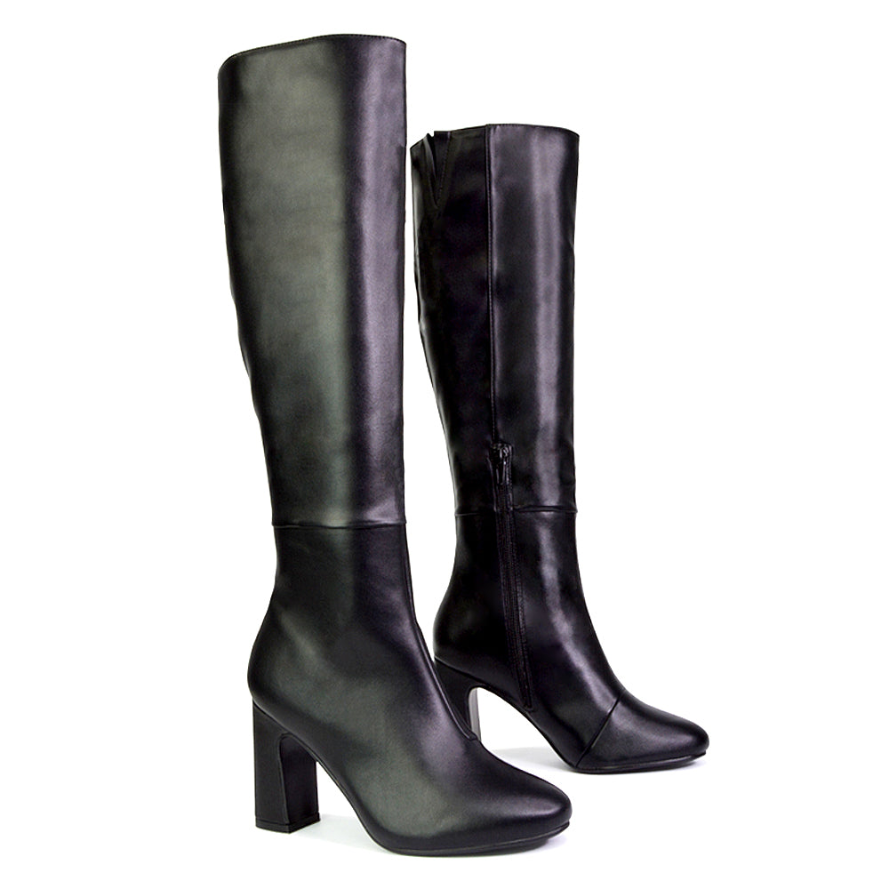 Black Synthetic Leather | XY London | black boots,black knee high boots,black heeled boots,black high heel knee high boots,black block heeled boots