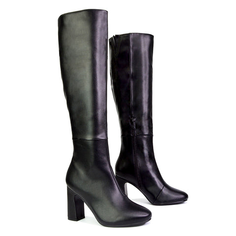 Black Synthetic Leather | XY London | black boots,black knee high boots,black heeled boots,black high heel knee high boots,black block heeled boots