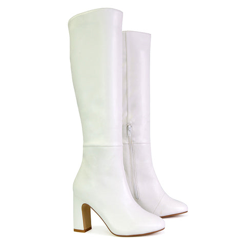 White | XY London | white boots,white knee high boots,white heeled boots,white high heel knee high boots,white block heeled boots