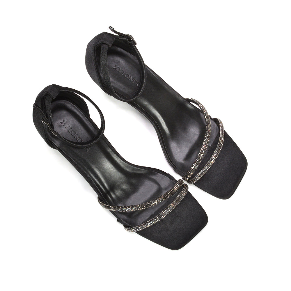 black glamorous low heel sandals, black crystal strap sandals, black holiday party heels, black evening dress sandals